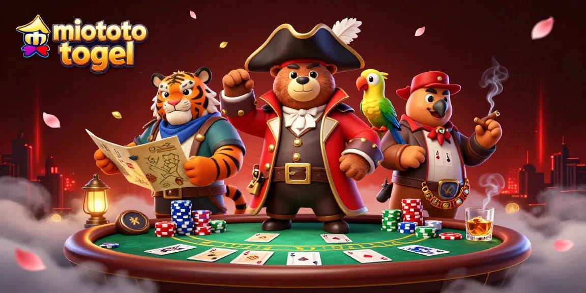 Experience the thrill of miototo togel with a vibrant poker game scene featuring a pirate captain bear, a tiger first mate, and game elements.
