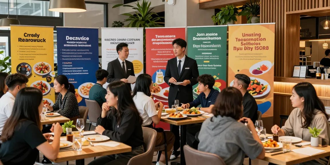 Engaging restaurant recruitment services event showcasing diverse candidates and culinary delights in a bustling atmosphere.