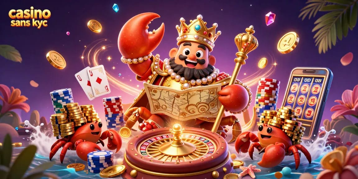 Engagez-vous dans le monde du casino sans KYC avec notre crabe empirique doré entouré de trésors.