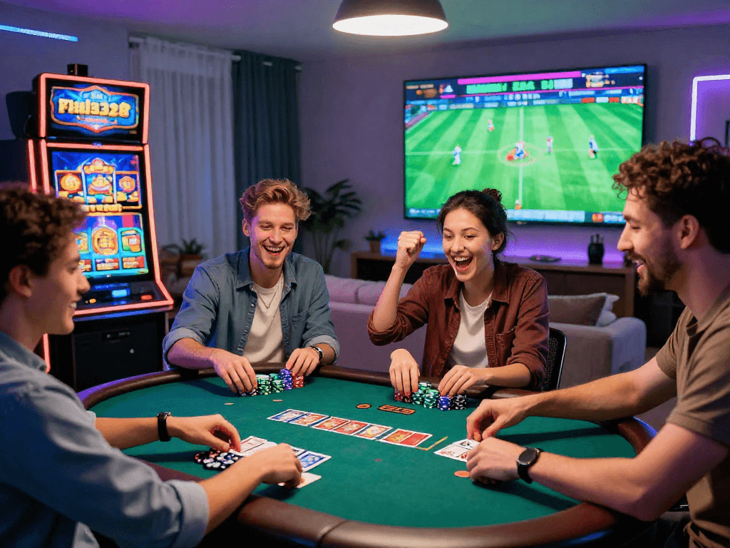 Diverse friends enjoying games on Raja328 link, with an engaging casino atmosphere.