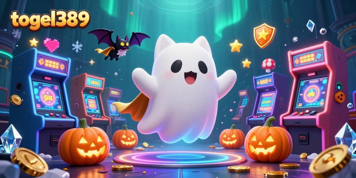 Engage with togel389's vibrant haunted casino scene featuring a ghost cat and vampire bat!