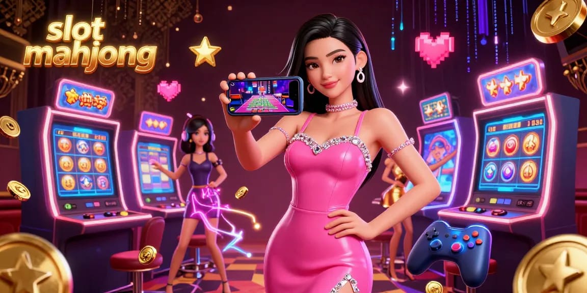 Engage with slot mahjong in a vibrant 3D casino scene featuring an Asian woman playing live dealer games.