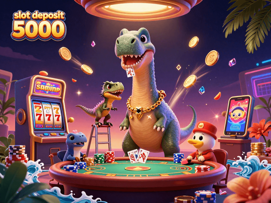 Feel the excitement with slot deposit 5000, featuring vibrant 3D characters and casino elements in a dynamic scene.