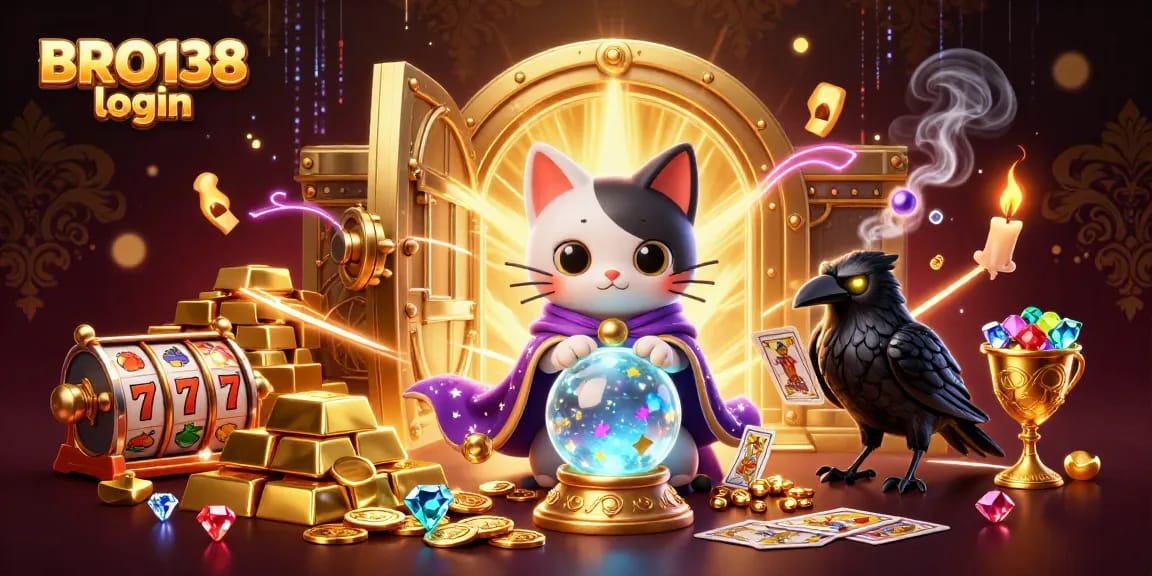 Play slots and win with BRO138 login showcasing a mystical cat, raven, and treasures.