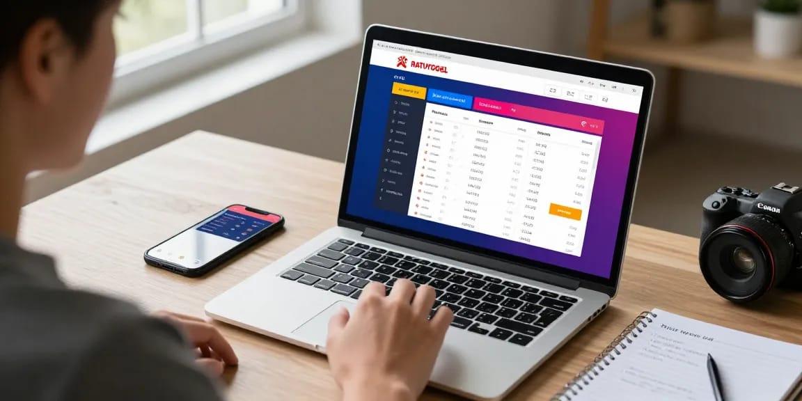 Pengguna RATUTOGEL link mengakses situs taruhan online dengan laptop di meja kerja modern.
