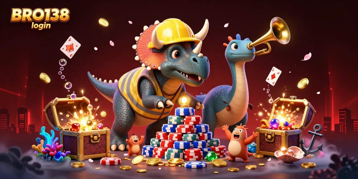 Engage in thrilling gaming with the BRO138 login scene featuring a triceratops building poker chip pyramids.
