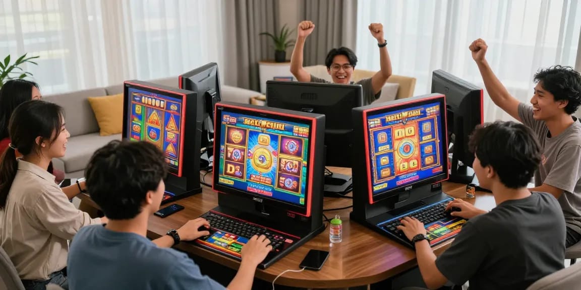 Para pemain menikmati slot gacor di ruang tamu modern dengan suasana ceria.