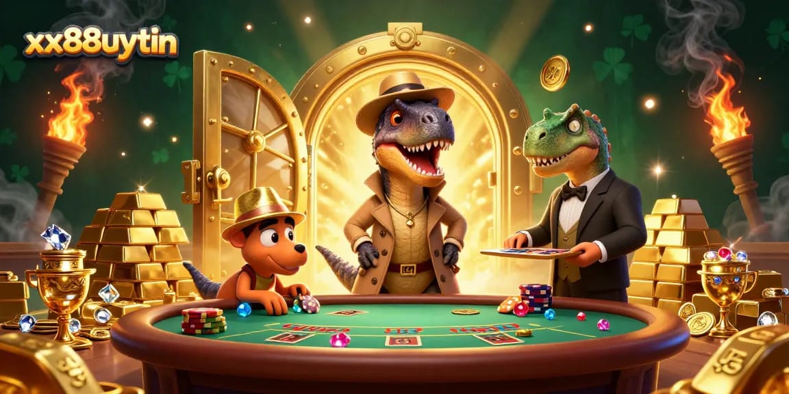 Experience the excitement of xx88uytin with a thrilling blackjack scene featuring animated dinosaur characters.