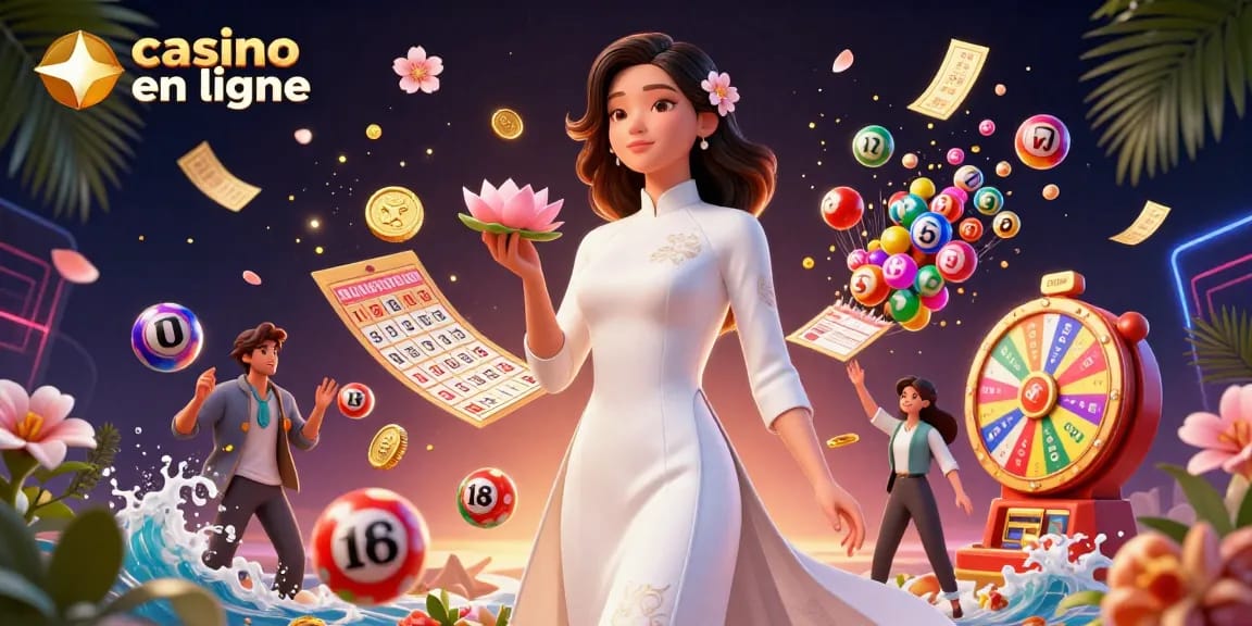 Engagez-vous avec le jeu de casino en ligne à travers des scènes vibrantes de prix et d'excitation, mettant en avant des personnages et éléments dynamiques.