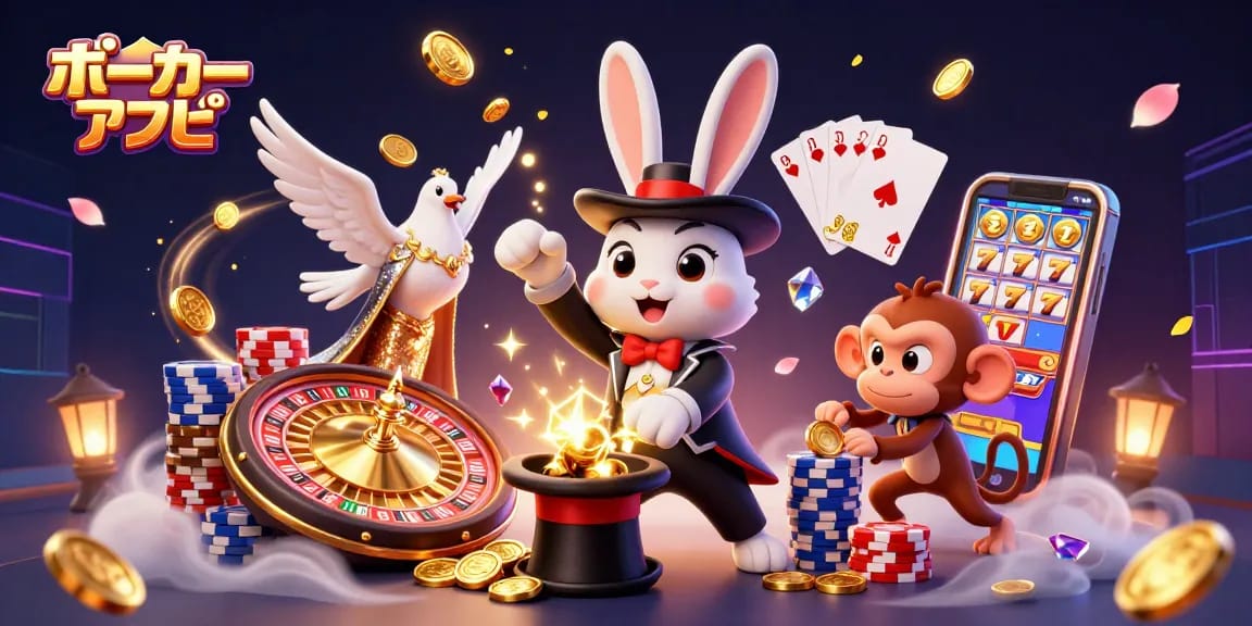 ポーカー アプリを楽しむウサギとダチョウ、モンキーのキャラクター達が華やかに描かれたイラスト