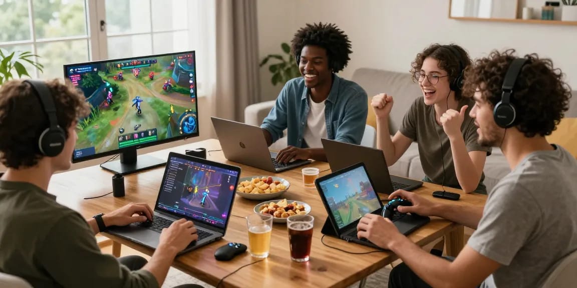 Suasana bermain game online JURAGAN77 dengan teman-teman di ruang tamu yang nyaman.