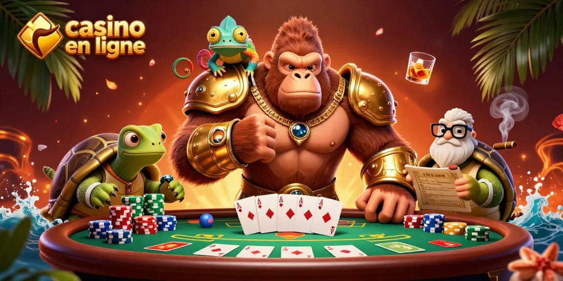 Experience thrilling games at casino en ligne with dynamic gorilla king, chameleon, and tortoise amid poker elements.