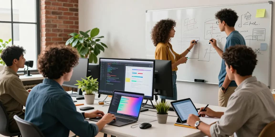 Diverse tech team collaborating at a startup office workspace, featuring https://companynamesucks.com/ and vibrant innovation.