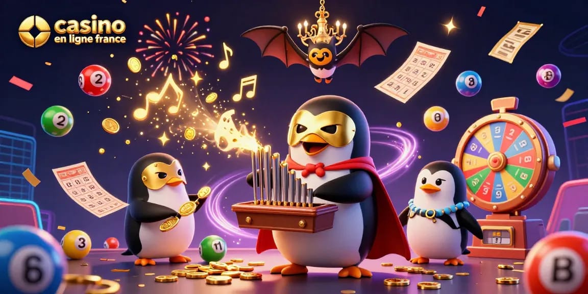 Jouer sur un casino en ligne France avec le pingouin fantôme et un paysage festif de jeux.