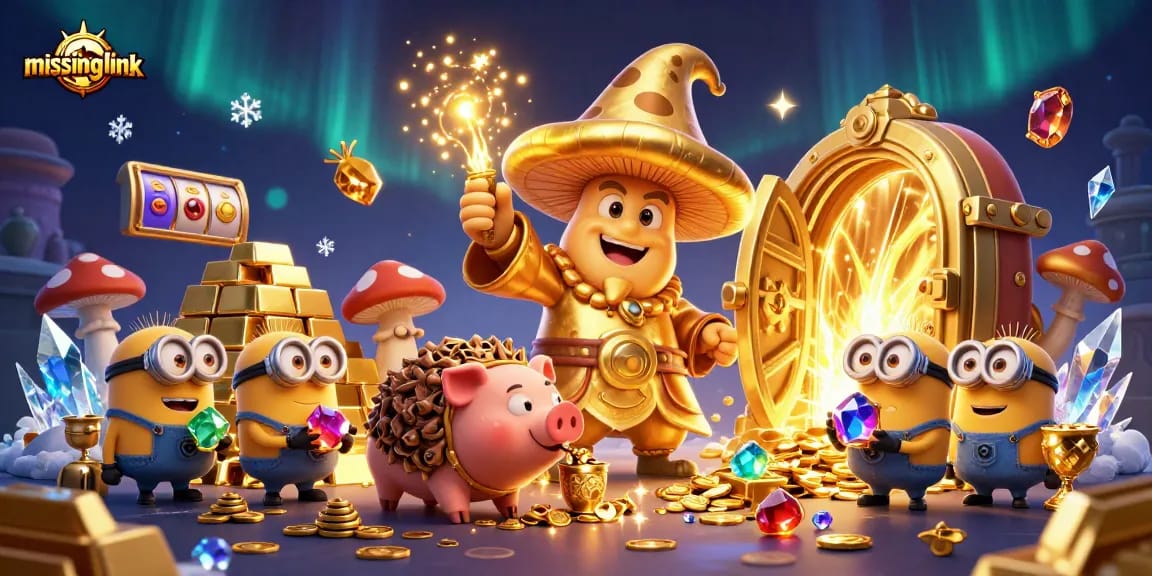 Experience the thrill of missinglink with a magical casino scene featuring a golden mushroom wizard and treasures.