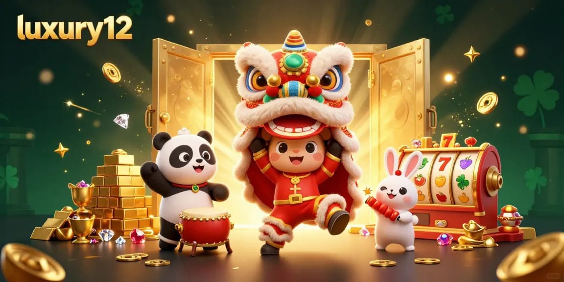 Experience luxury12 gaming with vibrant 3D lion dance, treasure, and exciting slot elements.