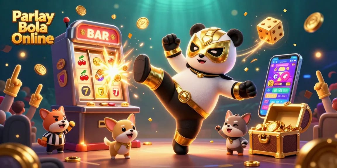 Engage in Parlay Bola Online with a lively scene featuring vibrant characters and dynamic sports betting elements.
