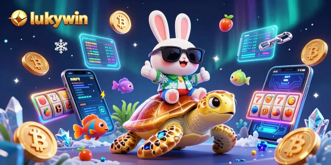 Spin and win big with luckywin's vibrant casino illustration featuring a lucky rabbit and golden turtle.