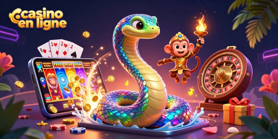 Participez à un gameplay de casino en ligne animé avec une illustration colorée mettant en scène un roi singe espiègle et un serpent mystique.