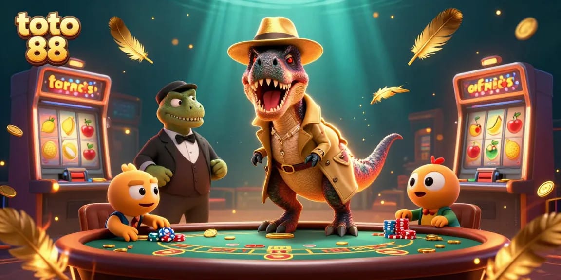 Engage in thrilling gameplay with toto 88's cartoon velociraptor card counter in this dynamic casino illustration.