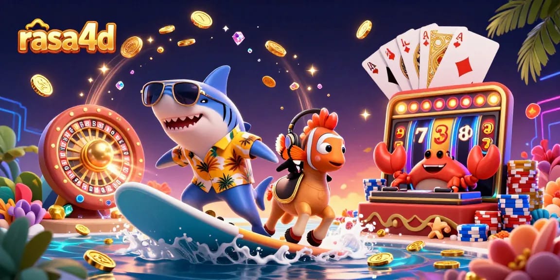 Engage with rasa4d's vibrant casino adventure featuring a shark on gold coins and dynamic gaming elements.