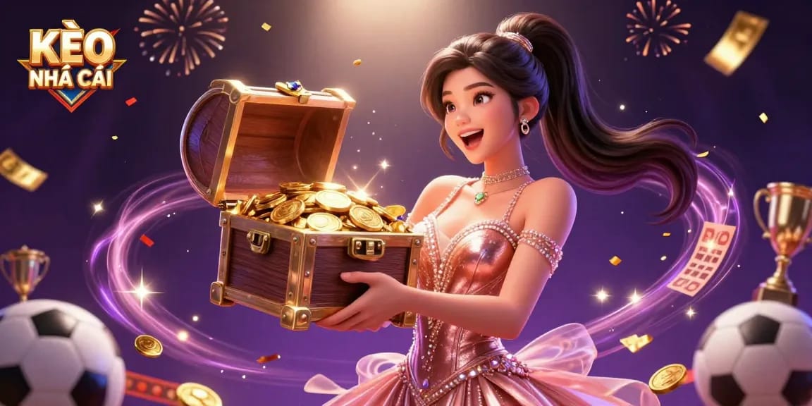 KÈO NHÀ CÁI highlights thrilling sports betting with an Asian woman celebrating amidst treasures