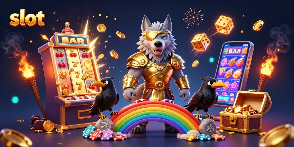 Experience thrilling slot action with a colorful explosion of coins and casino elements.