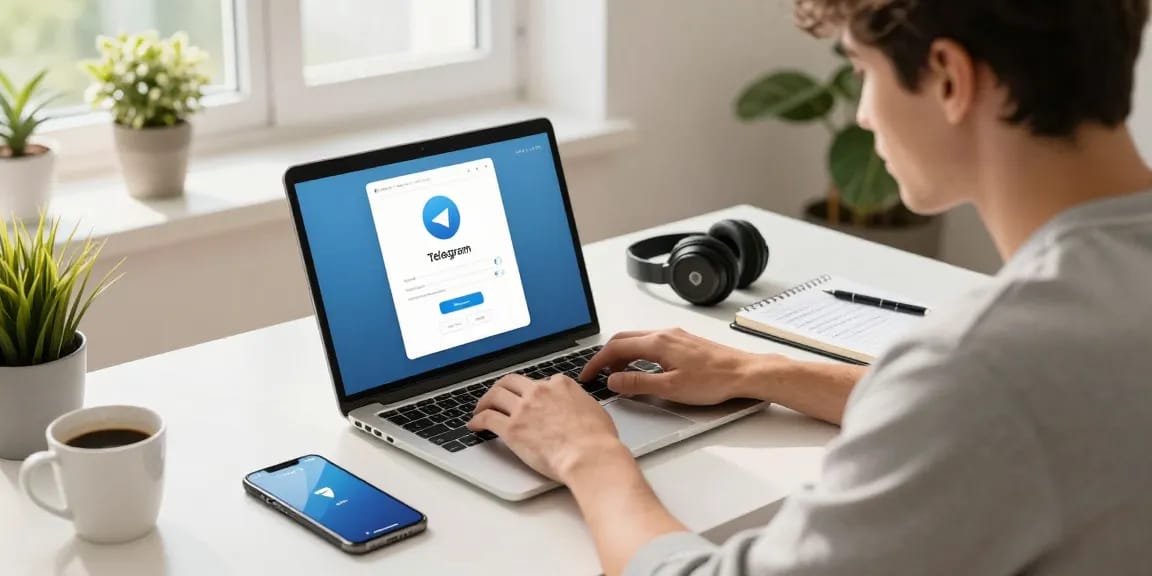 User successfully accessing telegram login china in a modern home office with VPN setup and tech tools.