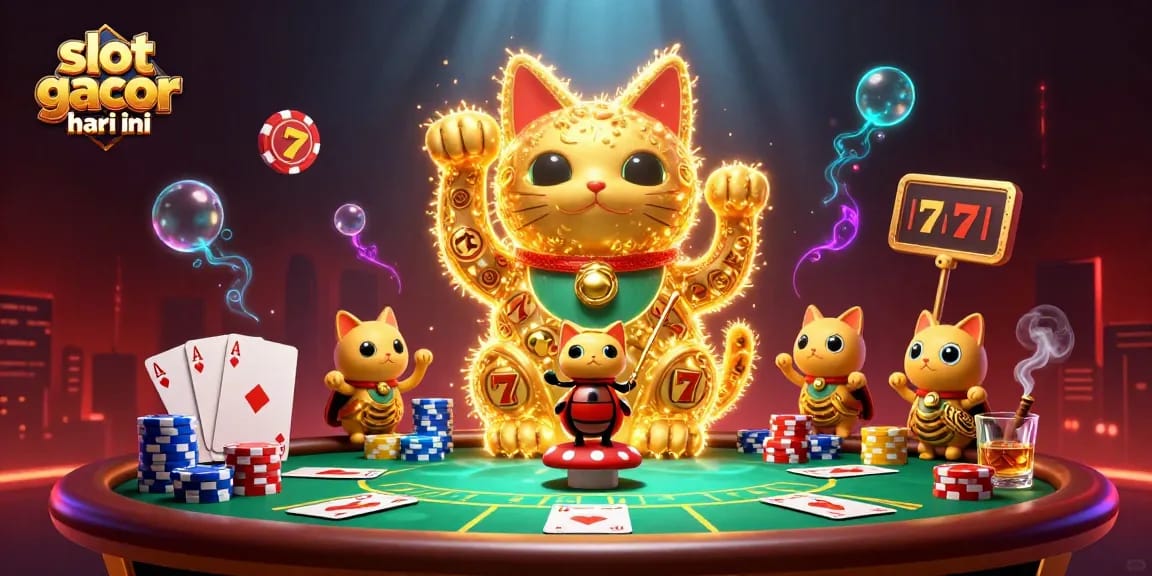 Experience vibrant gaming fun with slot gacor hari ini, illustrated as a lucky cat amidst poker elements.