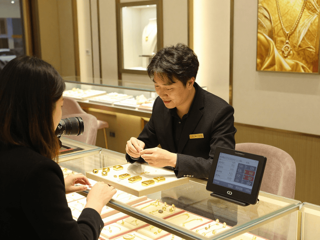 Gold buying consultation at https://bahraingoldprices.com/ with 24K jewelry on display, showcasing trust and professionalism.