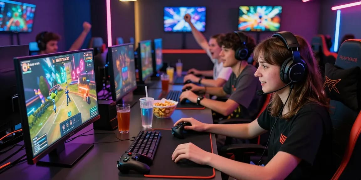WORTEL21 dalam suasana permainan online yang seru dengan pemain fokus di lounge modern.