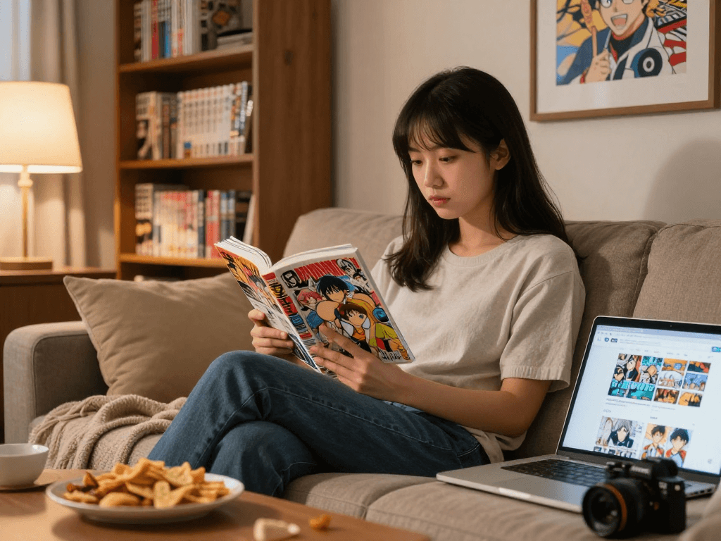 Enjoy immersive manga experience at https://hitomi-mangaraw01.com/ in a cozy living room atmosphere with colorful illustrations.