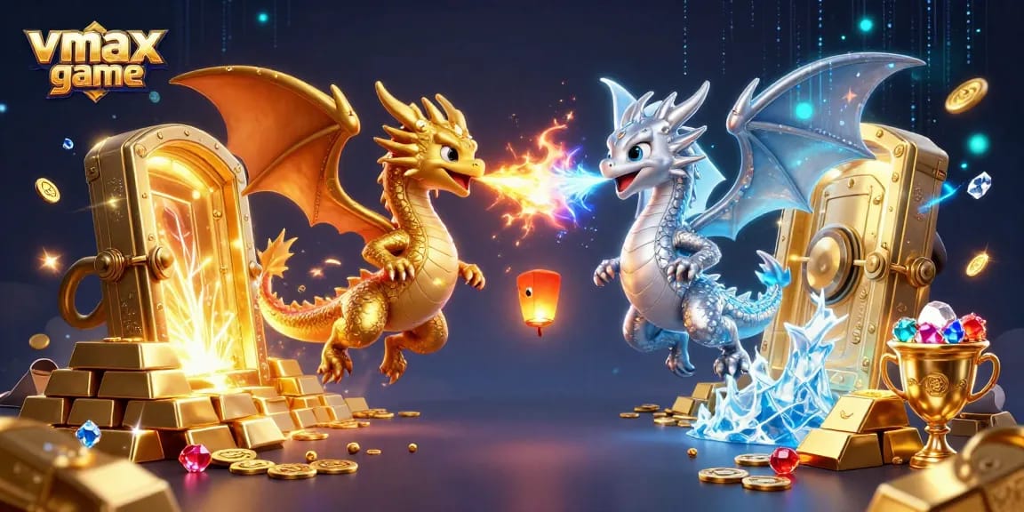 Engage with the vmax game in this vibrant scene featuring magical dragons and treasure.