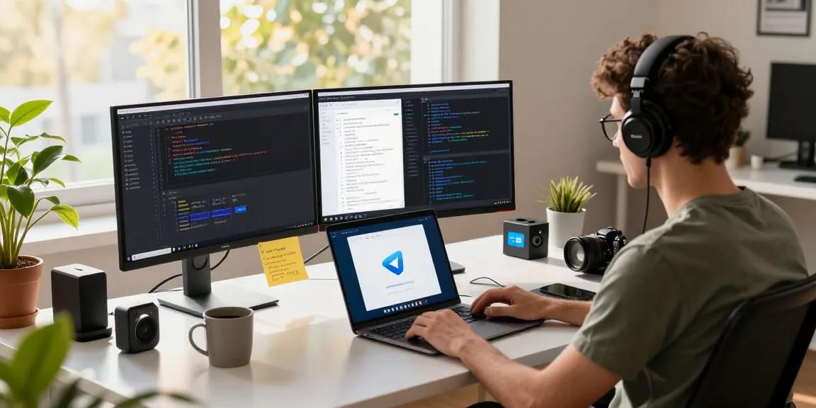 Developer working on 纸飞机中文版 app in a modern tech workspace, showcasing innovation and productivity.
