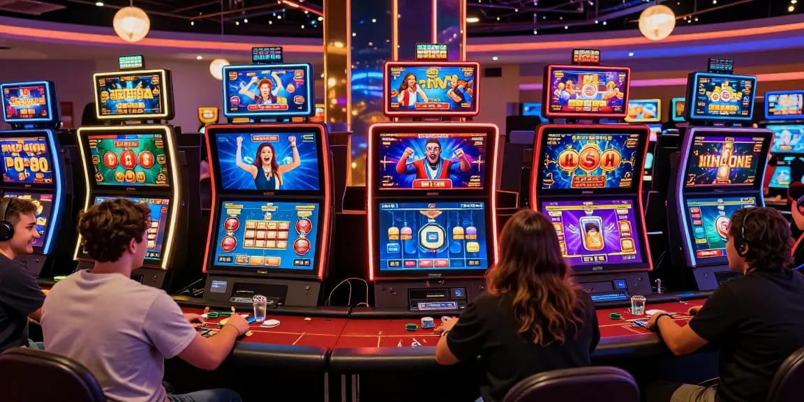 Joueurs engagés profitant des jeux de casino en ligne avec des visuels colorés et une atmosphère festive.