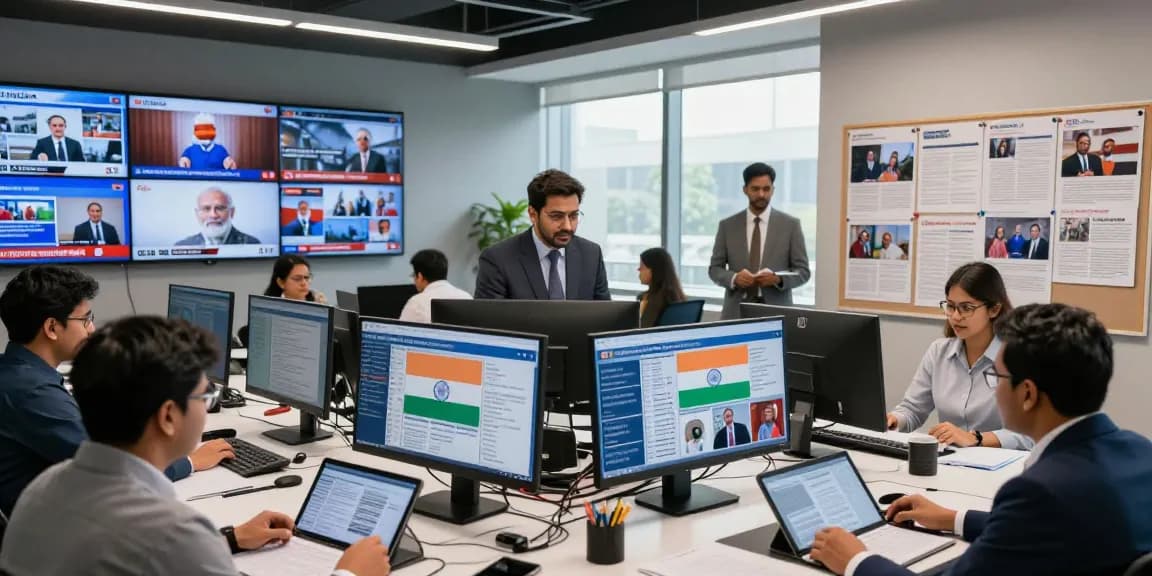 A diverse newsroom at https://www.theindaily.com showcasing dynamic collaboration among journalists covering India's latest news.