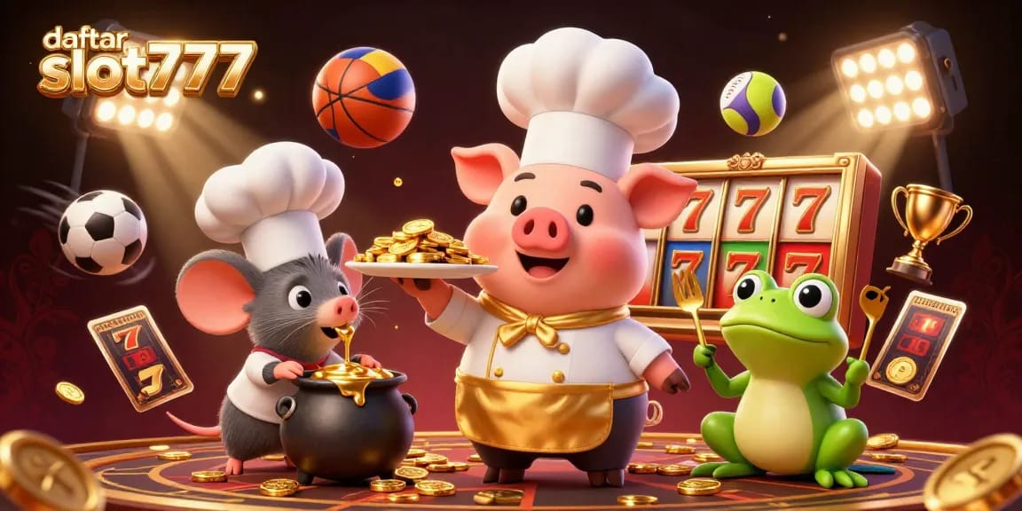 Engage with daftar slot777 through a vibrant casino scene featuring a chef pig serving gold coins amidst slots and sports elements.