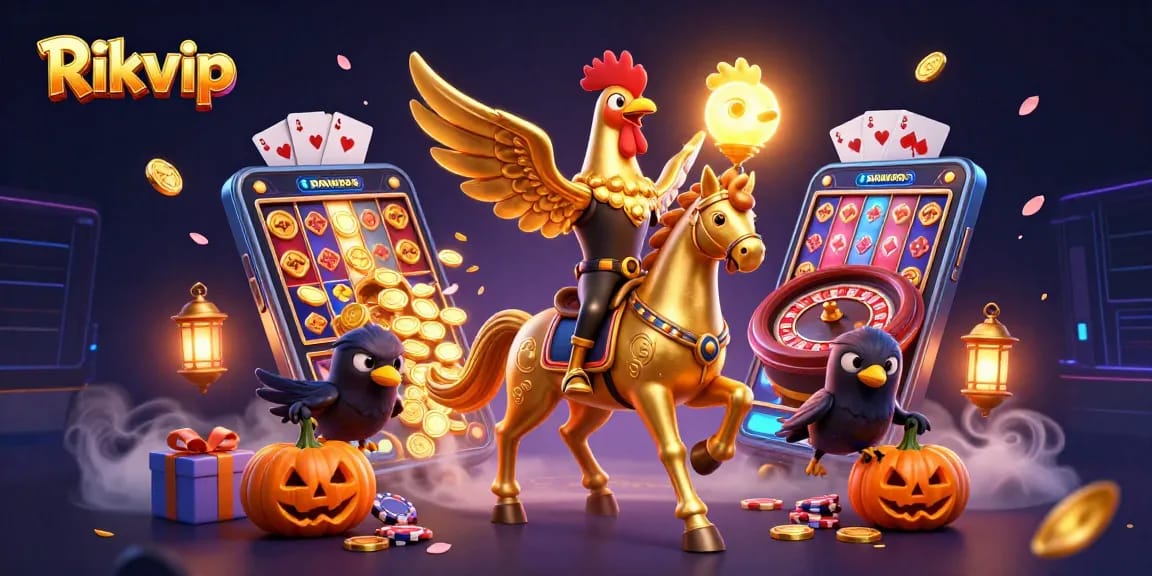Play exciting games at Rikvip with a golden rooster, showcasing thrilling gambling action in a vibrant casino atmosphere.
