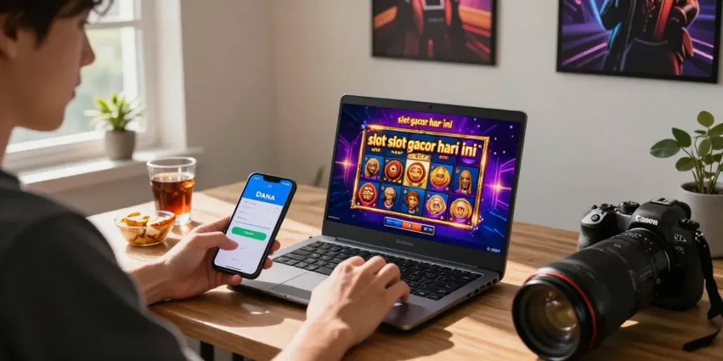 A user enjoying slot games at home featuring the DANA app for deposits and "slot gacor hari ini" displayed on screen.