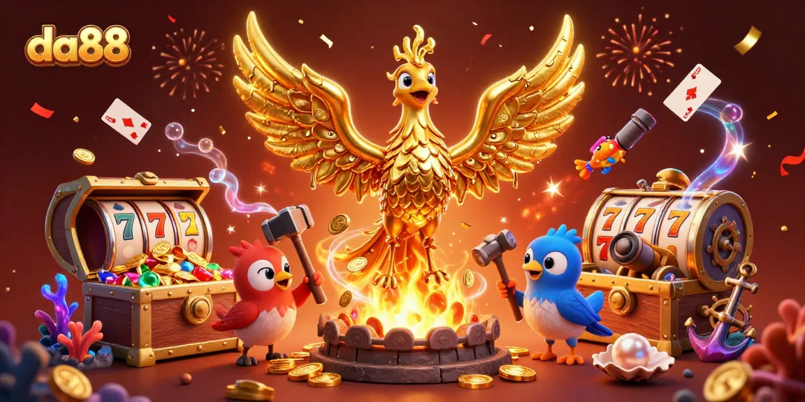 Experience winning adventures with da88 as molten golden phoenix and sparrow assistants create a stunning casino scene.