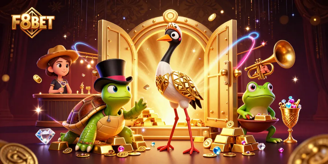 Experience exciting wins with F8BET, showcasing fun casino characters in a lively scene filled with gold.