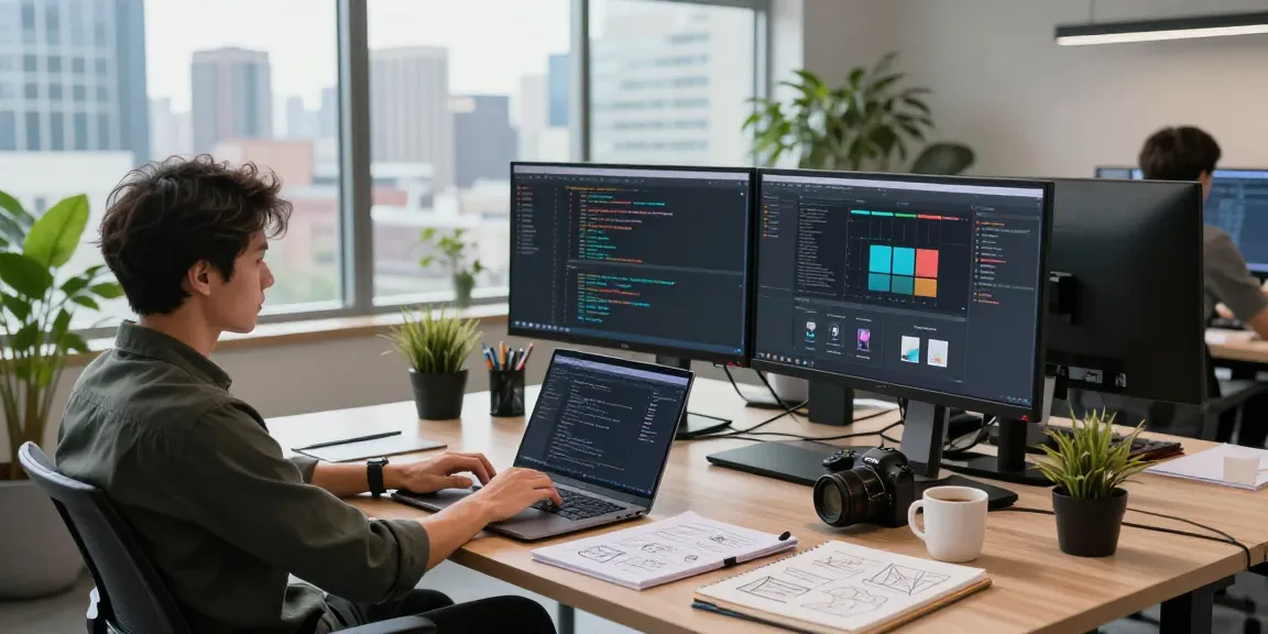 Workspace of a tech developer focusing on coding and design at telegramin-cn.com with city view.