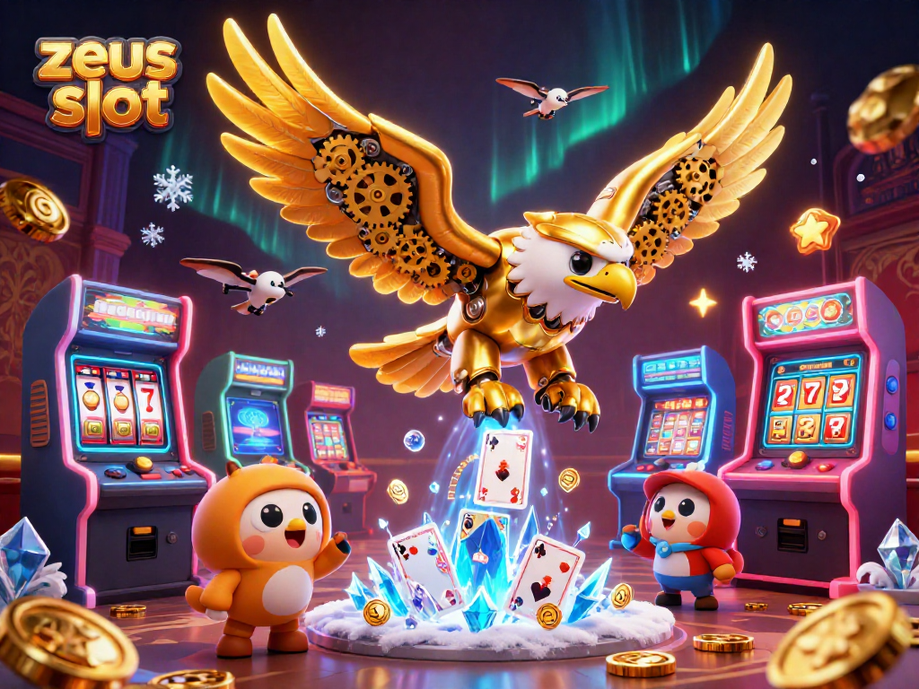Engage with the zeus slot game, featuring dynamic 3D illustrations of cybernetic creatures and casino elements.