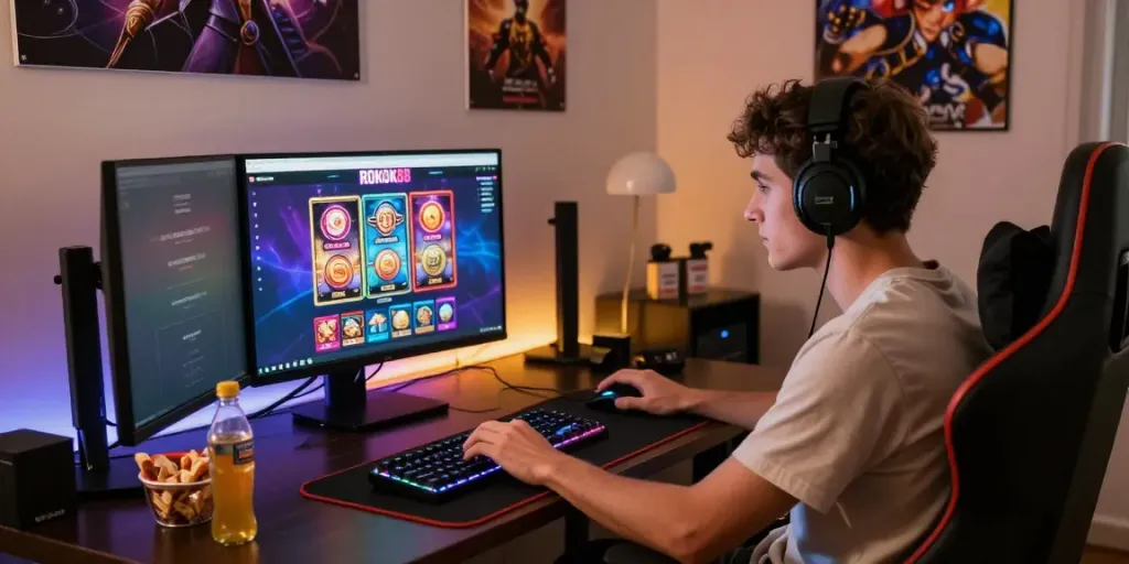 Engaged user at rokok88 slot login on vibrant gaming laptop during evening.