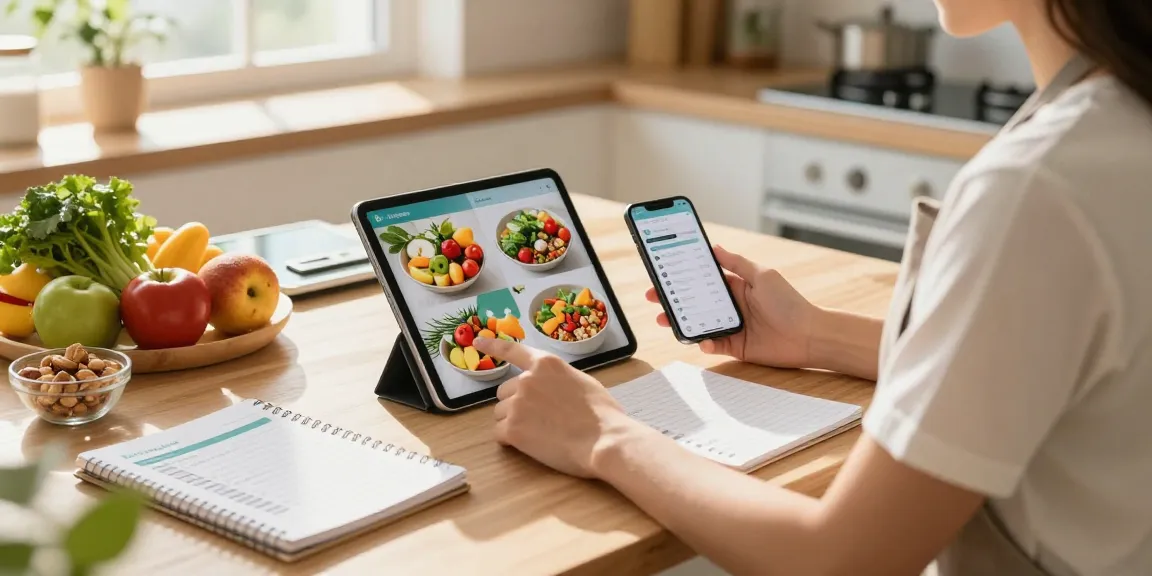 Individual using the best calorie tracker app in a bright kitchen with fresh ingredients.