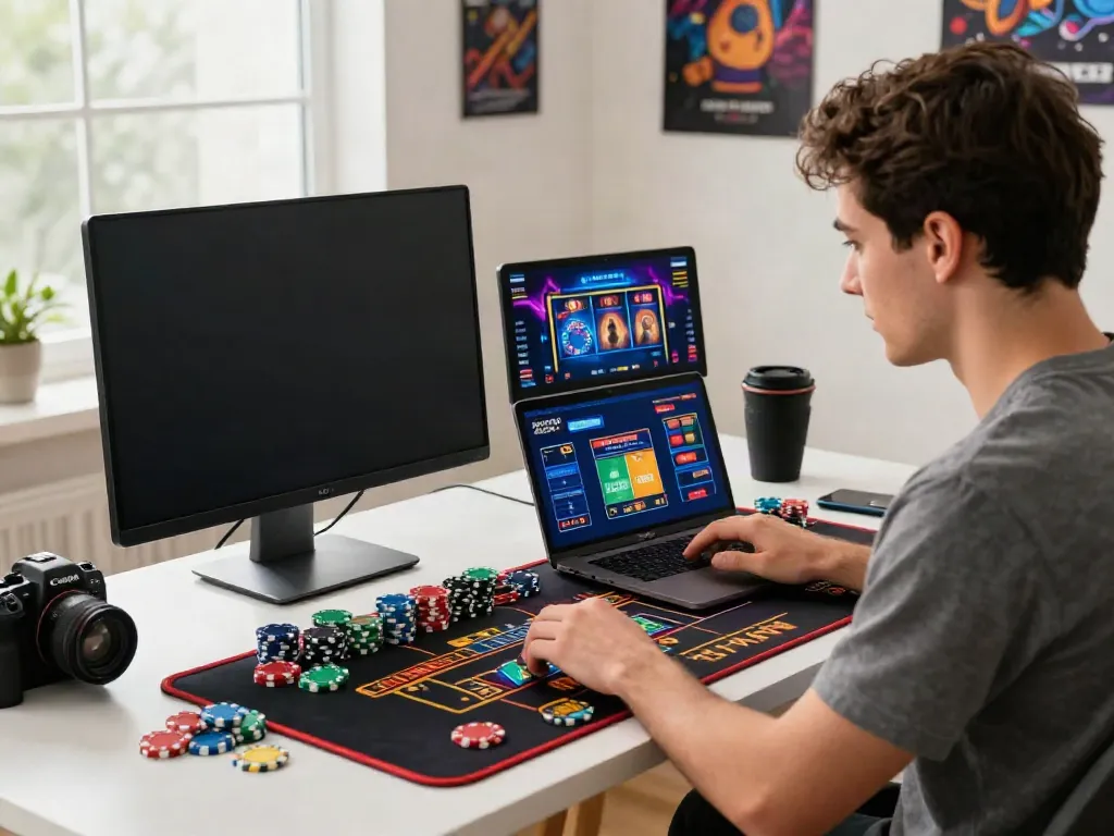 Engaging scene of a young man using credit card deposit casinos at a modern desk with bright environment.