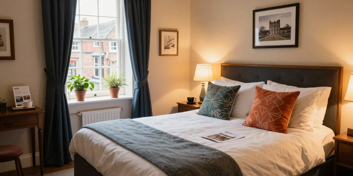 Cozy bedroom at Accommodation Skipton with inviting decor and warm light.