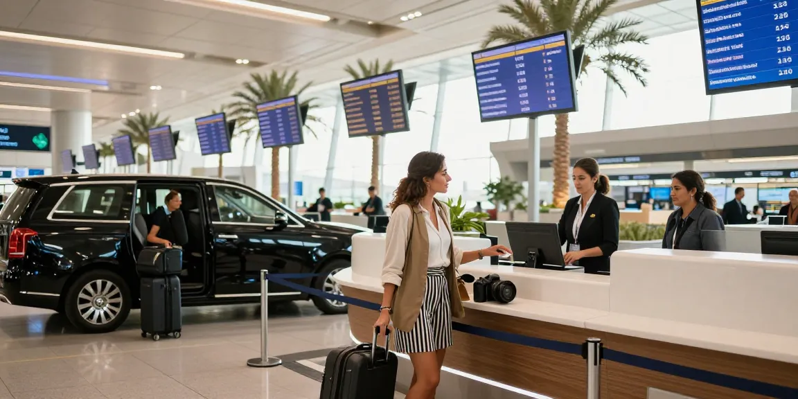 Luxury airport drop off dubai scene showing stylish traveler checking in amidst modern architecture.