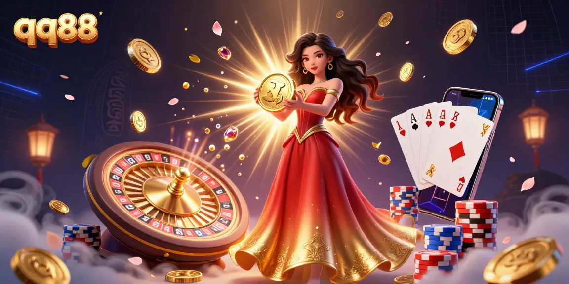 Win with qq88 in this dynamic 3D casino scene featuring a stunning Asian woman holding a golden coin.