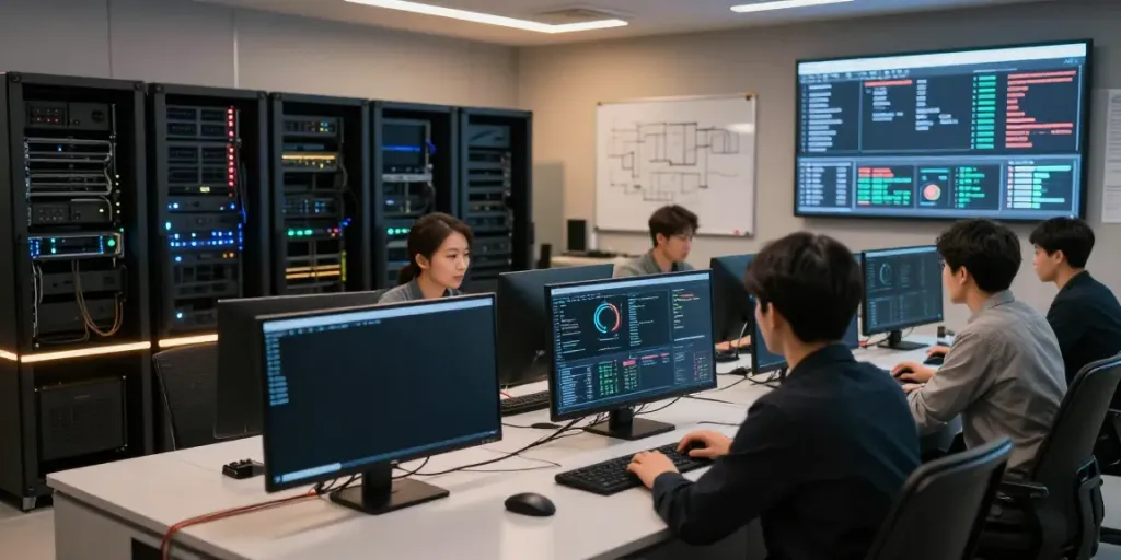 Advanced gaming server architecture at situs singatoto with IT professionals ensuring system stability.